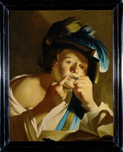 Fiú zsidó hárfával (festmény vászonra) alkotó: Dirck van Baburen