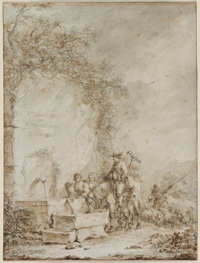Előlap egy rajzalbumhoz: Parasztok egy szökőkútnál, 1784. alkotó: Dirk Langendyk