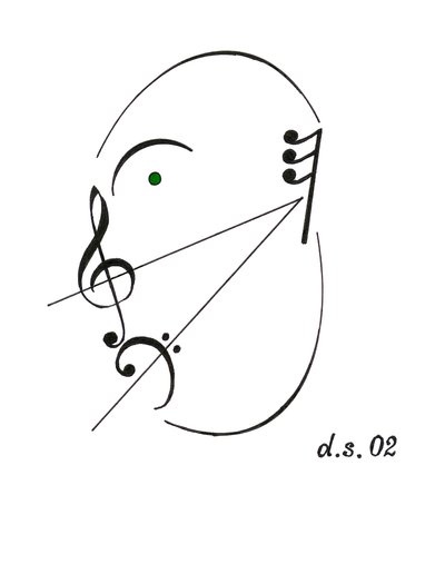 Diminuendo arc - a diminuendo zenei szimbólumával és különböző más zenei jelölésekkel rajzolt éneklő arc. alkotó: Dmitri Smirnov