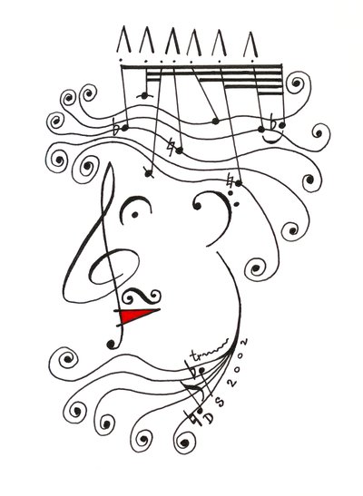 King of Music - egy koronát viselő fej karikatúrája, amely kottaírással készült. alkotó: Dmitri Smirnov