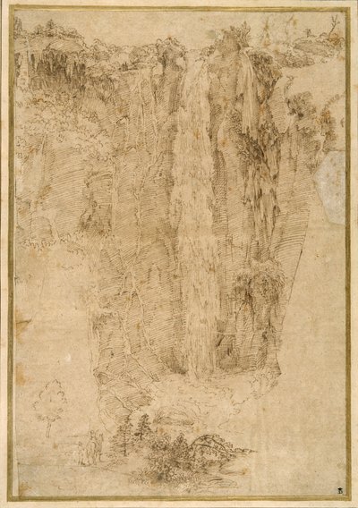 Táj kaszkáddal; lábánál, két férfi, az egyik ülve (toll és barna tinta papíron) alkotó: Domenichino