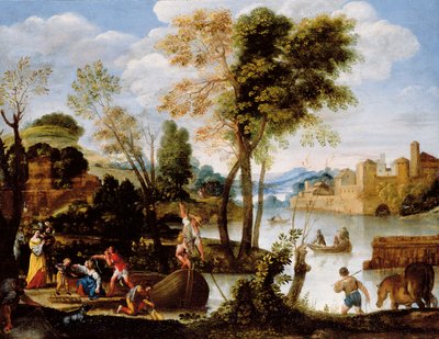 Olasz folyami táj csónakossal és nővel egy kosár rákkal, 1604-05 körül alkotó: Domenichino