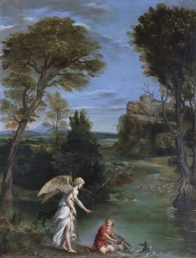 Tájkép Tóbiással, amint a halat tartja alkotó: Domenichino