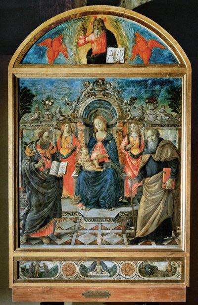 Madonna a trónon, a gyermek Jézus, két angyal, valamint Szent Bertalan és Abbász Antal ... alkotó: Domenico (1449-94) Ghirlandaio