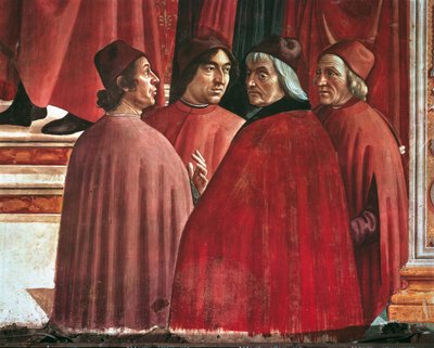 Szűz Mária történetei: Angyali üdvözlet Zakariásnak, Cristoforo Landino, Angelo Poliziano és Marsilio Ficino részlete, 1485-90 körül (friss) alkotó: Domenico Ghirlandaio