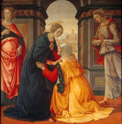 Látogatás: Szűz Mária meglátogatja Erzsébetet, Marie Jacobie és Marie Salome között, akik a keresztre feszítés és a feltámadás tanúi, Domenico Ghirlandaio (1449-1494) festménye 1491 alkotó: Domenico Ghirlandaio