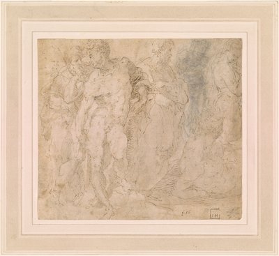 Beccafumi - Álló férfiakt alakok között, egyikük fekvő helyzetben, 1530-1540 körül. alkotó: Domenico Beccafumi