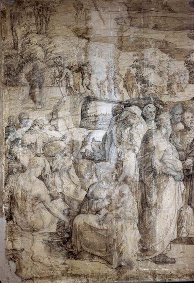 Mózes története a Sínai-hegyen: A héberek Mózes visszatérésére várnak. A sienai katedrális burkolatának előkészítő rajza. Domenico Beccafumi (1486-1551) festménye. Olaszország, Siena, Nemzeti Pinacotheque. (Siena, Pinacoteca Nazionale) alkotó: Domenico Beccafumi