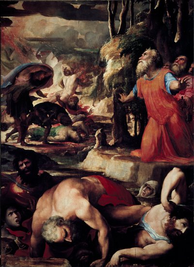 Core (Kore), Dathan (Datan, Nathan) és Aboron (Abiram) büntetése (A mennyei tűz büntetése, a leviták Mózes és a törvény tekintélye elleni lázadásának epizódja). Domenico Beccafumi (1486-1551) festménye alkotó: Domenico Beccafumi