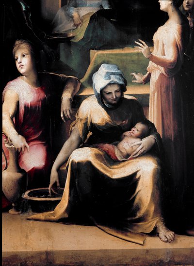 A Szűz születése. Részlet, amelyen egy szobalány látható az új ruhával. Domenico Beccafumi (1486-1551) festménye, 1540-1543 körül. faipari. Mérete: 233x145 cm. Olaszország, Siena, Nemzeti Pinacotheque (Siena, Pinacoteca Nazionale) alkotó: Domenico Beccafumi