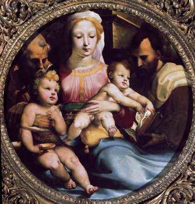 Tondo a szent családot képviseli Saint Giovannival (Keresztelő Szent János) és egy adományozóval. Domenico Beccafumi (1486-1551) festménye alkotó: Domenico Beccafumi
