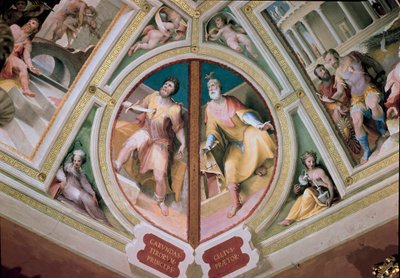 a görög törvényhozó Charondas (Kr. e. 7. század), amint kardot döf a mellkasába és "A római pretor Celius" Domenico Beccafumi (1486-1551) freskója. alkotó: Domenico Beccafumi