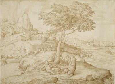 Callistos medvévé alakulása Arcas születése után, 1558 körül (toll és barna tinta krémszínű papíron) alkotó: Domenico Campagnola