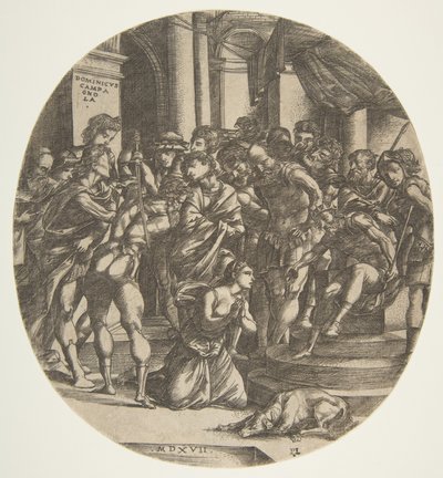Szent Katalin nőalak középen a földön térdelve egy férfialakhoz könyörög..., 1517. alkotó: Domenico Campagnola