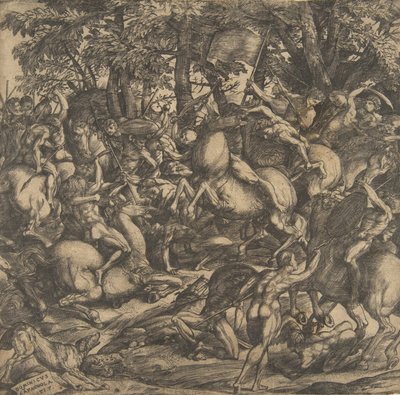 Meztelen férfiak csoportja harcban egy erdős tájon, néhányan lóháton, egy kutya a lovardában, 1517. alkotó: Domenico Campagnola