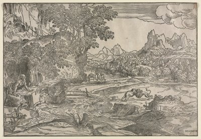 Táj Szent Jeromossal és két oroszlánnal, c. 1530-35. alkotó: Domenico Campagnola