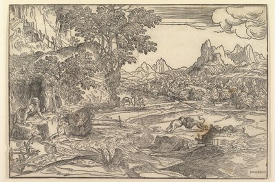 Táj Szent Jeromossal balra néz oroszlán és medve harca a központban..., kb. 1530-35. alkotó: Domenico Campagnola