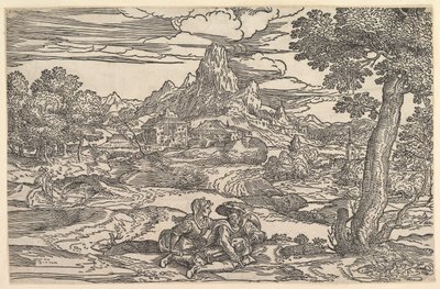 Tájkép egy nővel, aki egy férfi mellett ül, aki sürgősen játszik, kb. 1540. alkotó: Domenico Campagnola