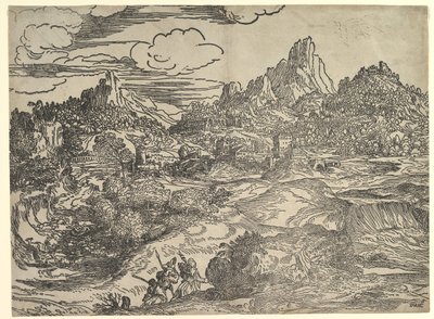 Táj az előtérben együtt sétáló családdal, bal oldalon két figura ..., kb. 1535-40. alkotó: Domenico Campagnola