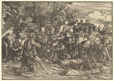 Mária a fák alatt ül kisbabával, mellette balról József és jobbról Szent Jeromos, St..., 1517. alkotó: Domenico Campagnola