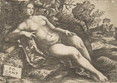 Meztelen nő Vénusz fekvő tájban, 1517. alkotó: Domenico Campagnola