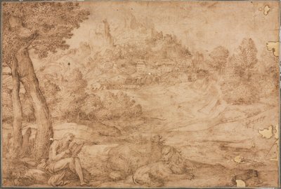 Szent Jeromos egy tájban alkotó: Domenico Campagnola