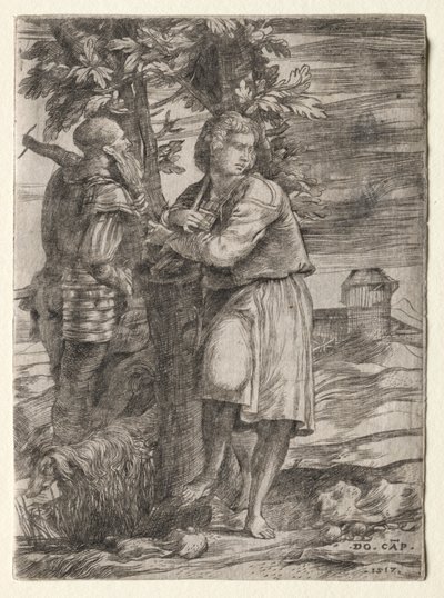 Pásztor és vén harcos, 1517. alkotó: Domenico Campagnola