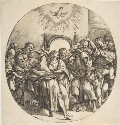 A Szentlélek, mint egy madár, amely kitárt szárnyakkal száll alá középen, a tizenkét apostol..., 1518. alkotó: Domenico Campagnola