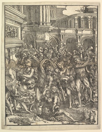 Az ártatlanok mészárlása, jobb oldali férfialakokkal, akik nőket és ..., 1517. alkotó: Domenico Campagnola