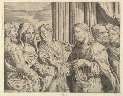 The Tribute Money: Krisztus a jobb oldalon középen, érmékkel int az embernek a bal oldalán..., kb. 1564-89. alkotó: Domenico Campagnola
