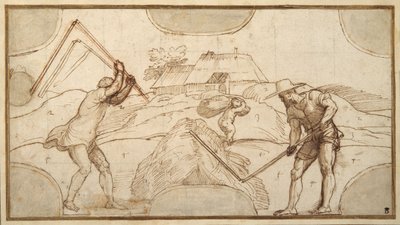 Két paraszt csépel (toll és barna tinta barna mosással a papíron) alkotó: Domenico Campagnola