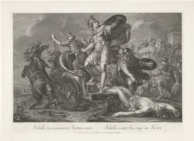 Akhilleusz a szekere mögé vonszolja Hektór holttestét Achilles in exanimem Hectora saevit / Akhilleusz Hektoron szeli ki dühét (cím a tárgyon) alkotó: Domenico Cunego