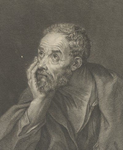 Egy idős, szakállas férfi fejét a jobb kezén támasztja, és felfelé néz balra, hátul..., 1775. alkotó: Domenico Cunego