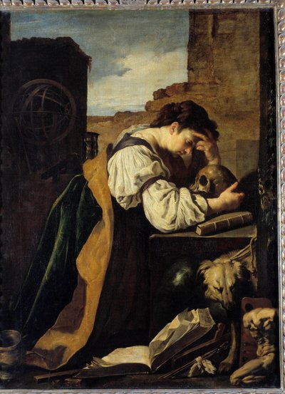 Melankólia Szomorú fiatal nő egy koponya feje fölé hajol, mögötte egy armilláris gömb. Domenico Feti (1589-1624) festménye (Vanity) V. 1,71x1,28 m. alkotó: Domenico Feti