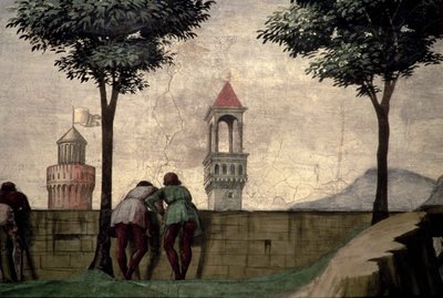Férfiak, akik átnéznek a falon, a látogatásból alkotó: Domenico Ghirlandaio