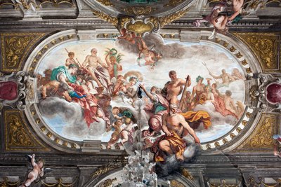 Janus templomának (vagy a béke allegóriájának) kulcsainak felajánlása Jupiternek, a nemesi padló mennyezete, 1665 körül (freskó) alkotó: Domenico I Piola