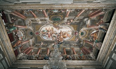 Janus templomának (vagy a béke allegóriájának) kulcsainak felajánlása Jupiternek, a nemesi padló mennyezete, 1665 körül (freskó) alkotó: Domenico I Piola