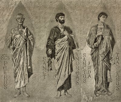 Szent Péter, András és Júdás apostol, Domenico Morelli karikatúrái mozaikhoz az Amalfi-székesegyházban, Olaszország, Olaszország, P Scoppetta rajza, L