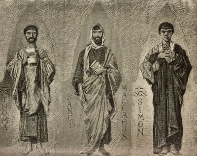 Szentek Tamás, Máté és Simon, Domenico Morelli karikatúrái mozaikhoz az Amalfi-székesegyházban, Olaszországban, P Scoppetta rajza, metszet a L