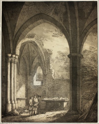 A Szűzanya templom romja Genevieve és Siegfried gróf nádor sírköveivel az Andernach melletti Mosel-völgyben, az Emlékezetes németországi középkori épületek gyűjteményéből alkotó: Domenico Quaglio