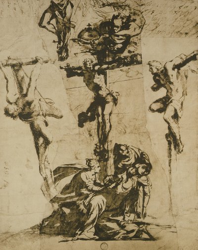 Tanulmány a keresztre feszítésről és az ájult szűzről alkotó: Domenico Robusti Tintoretto