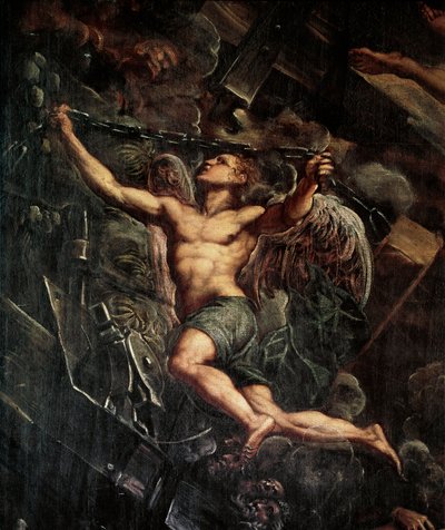 Jézus Krisztus (Jézus Krisztus) alászállása egy angyal részlete. Jacopo Robusti festménye detto il Tintoretto (A Tintoret alkotó: Domenico Robusti Tintoretto