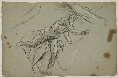 Meztelen nő egy ruhadarabbal a kezében sietve elhagyja a sátrat alkotó: Domenico Tintoretto