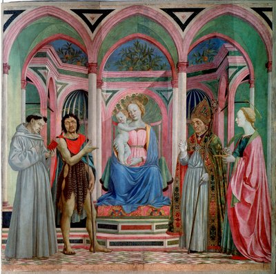 Santa Lucia dei Magnoli oltárképe: Madonna és gyermek Szent Luciával, Szent Ferenccel, Keresztelő Jánossal és Szent Zanobival (Zenobie) Detrempe Domenico Veneziano (Domenico di Bartolomeo) fán (XV. század eleje-1461) 1455 kb. Nap. 209x213 c alkotó: Domenico Veneziano