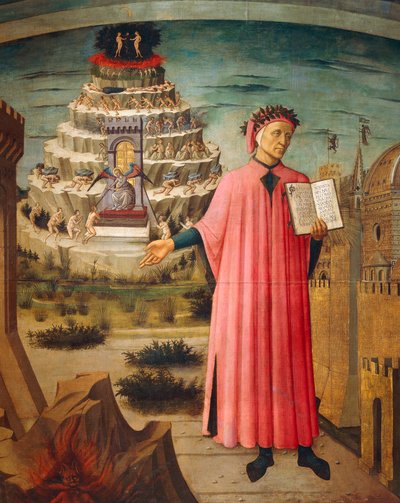 Dante Alighieri az Isteni komédiával a kezében, háttérben a purgatórium hegyei, részlet Dante Alighieri (1265-1321) Isteni komédiájából, Domenico di Michelino (1417-1491) freskója, Virágos Szent Mária-bazilika, Firenze. Olaszország,1465 alkotó: Domenico di Michelino