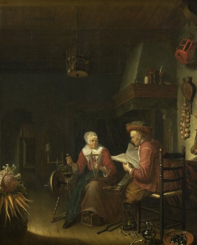 Belső egy férfi olvasó és egy nő fonó fonalat alkotó: Domenicus van Tol