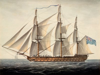 A francia "Sans Pareil" 3. osztályú, 80 ágyúval felszerelt hajó, június elsején foglalták el, 1800 körül (akvarell) alkotó: Dominic Serres