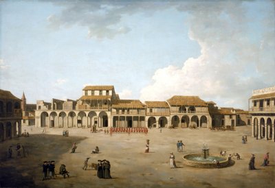 Havanna tér (Kuba), 1762. augusztus és szeptember, angol megszállás alatt, vörös egyenruhás katonák csapatával, az épületek leírásával és néhány angol tengerésszel a szökőkút mellett. alkotó: Dominic Serres