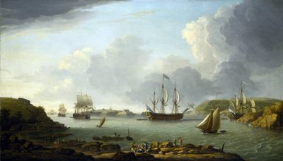 Egy flotta visszatérése Plymouthba (Anglia), a város és az öböl leírása, beleértve a Drake-szigetet és az Edgcumbe-hegyet. Olaj, vászon alkotó: Dominic Serres