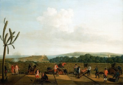Hétéves háború (1756-1763): Havanna (Kuba) elfoglalása 1762-ben, a Morro-kastély előtti brit ágyúüteg, faplatóra (emelvényre) telepítve, védőpárkánnyal, az ágyúsok kék ruhába öltözve, a horizonton a Morro-kastély látható. alkotó: Dominic Serres